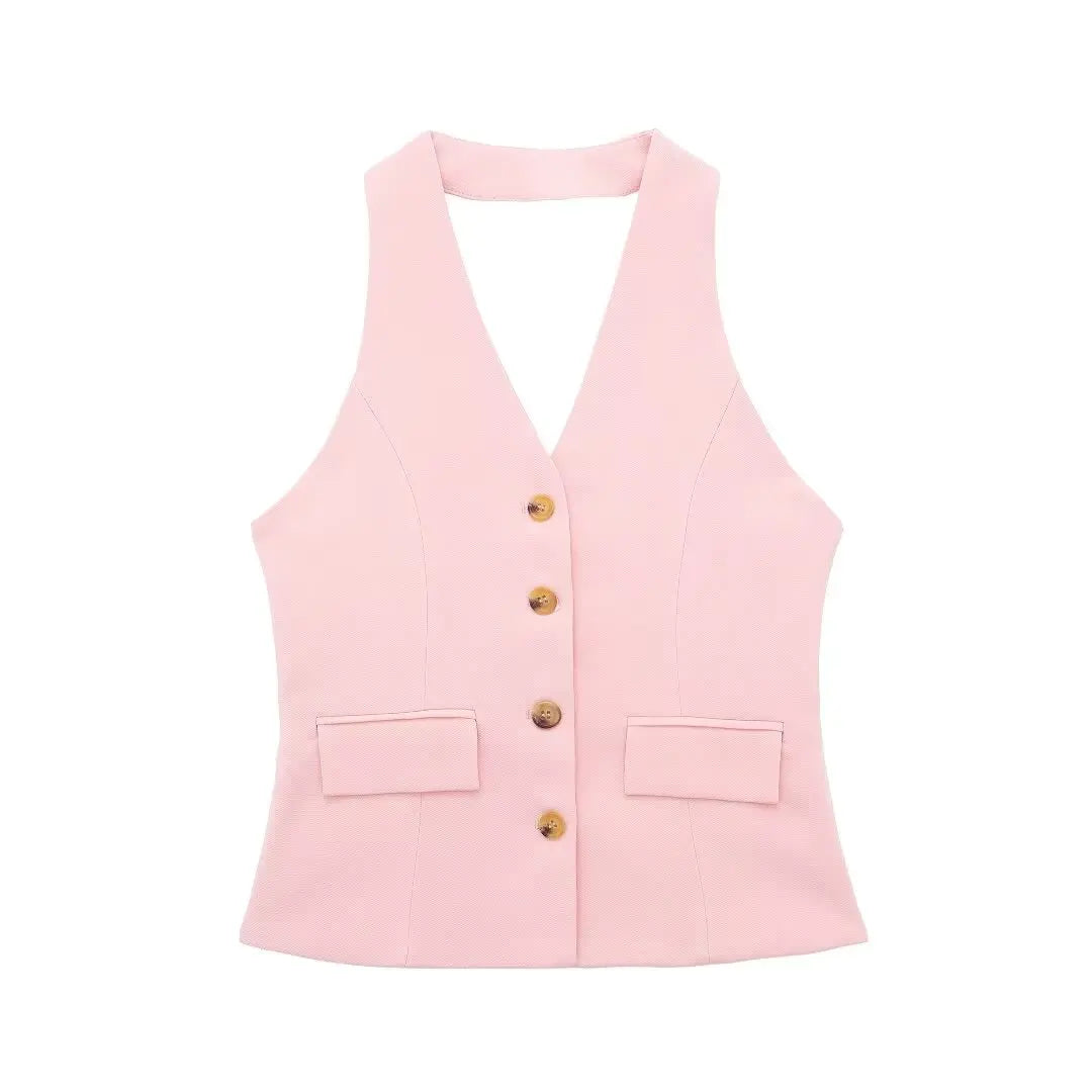Women's Halter Neck Sleeveless Vest Top & Wide-Leg Pants 2-Piece Set