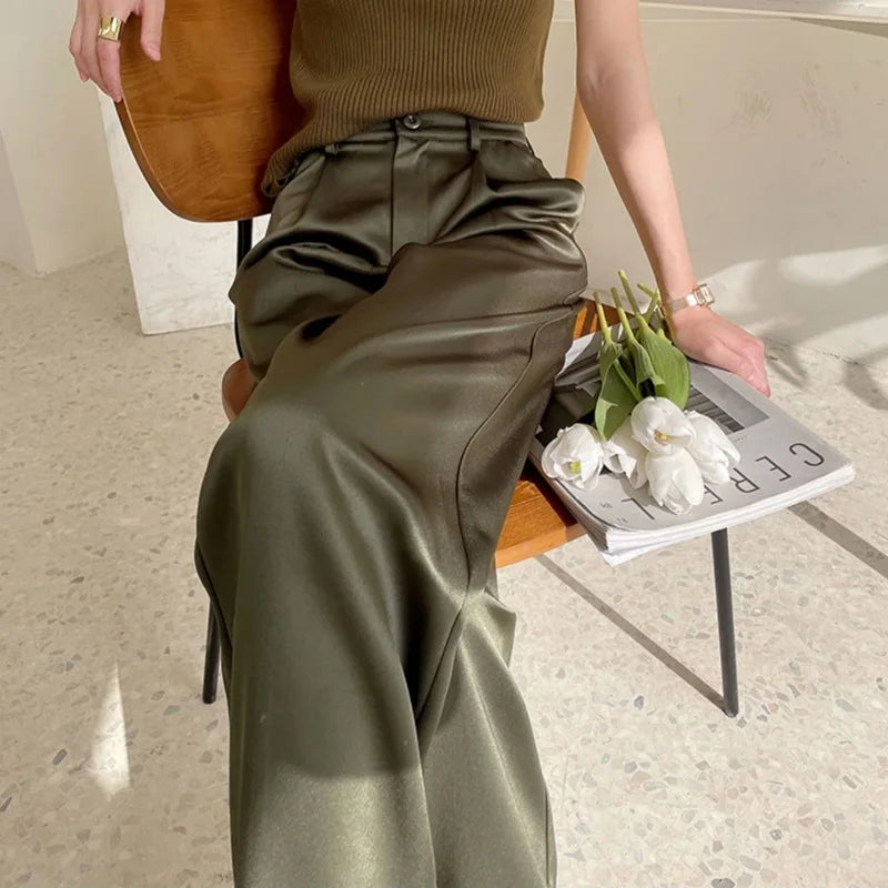 Elegant High-Waist Satin Wide-Leg Pants for Women - Chic Straight-Leg Trousers