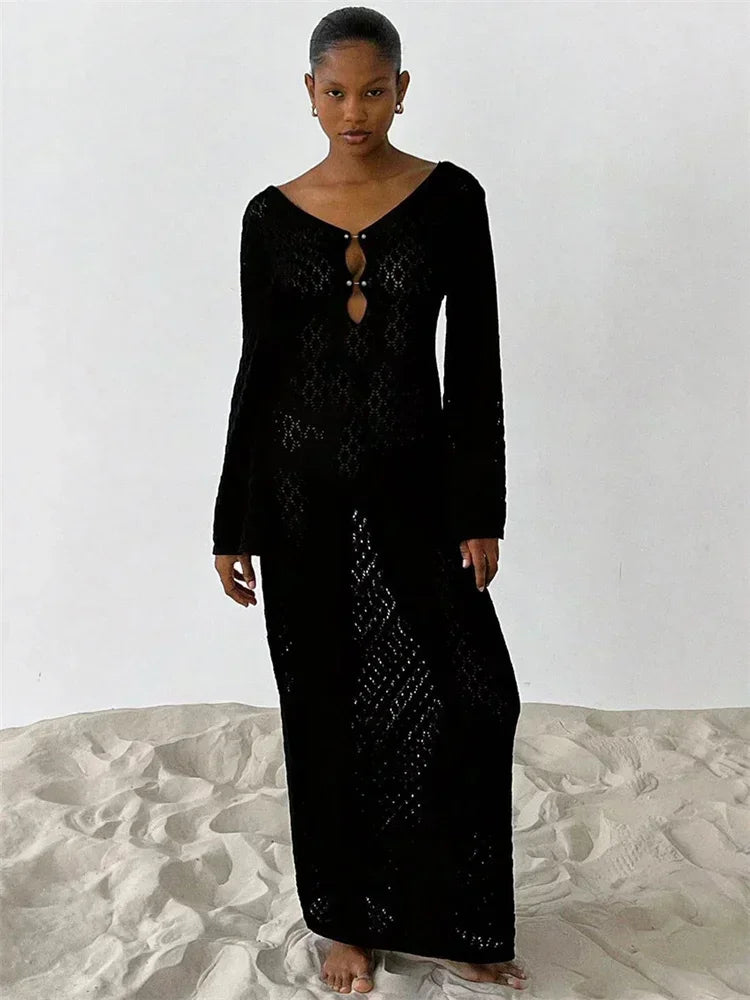 Women's Knitted Crochet Maxi Cover Up Dress - Hollow Long Sleeve & Backless