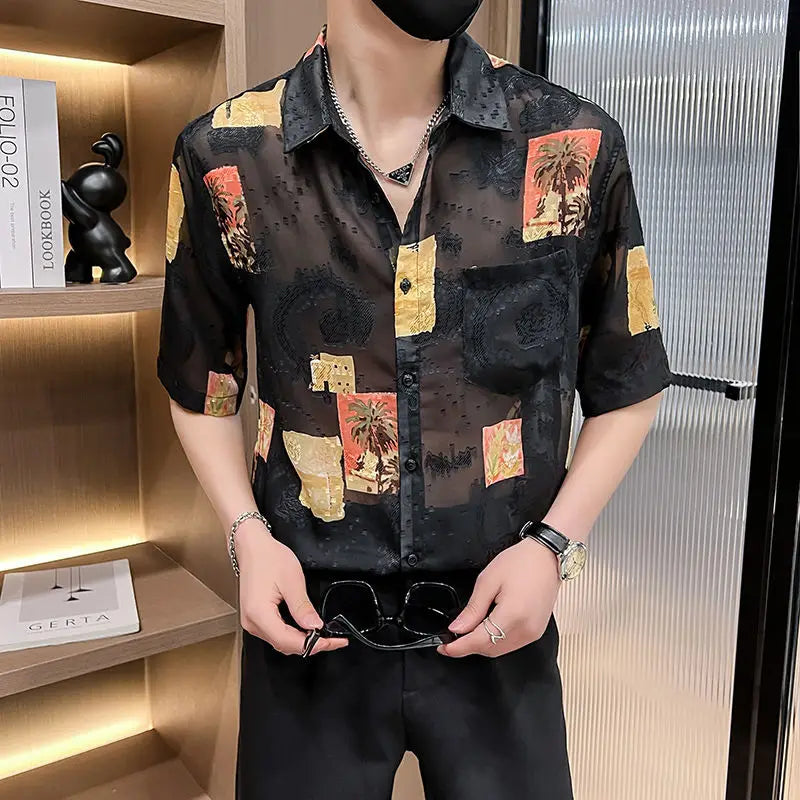 Men's Short Sleeve Floral Shirt - Loose Fit, Jacquard Design, Breathable Ice Silk