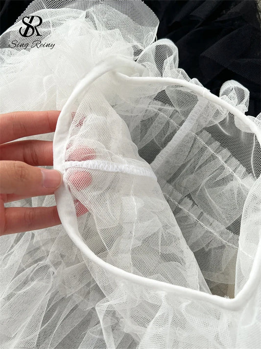 Women's Sheer Flare Trousers with Tiered High Waist and Mesh Detail