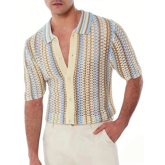 Men's Short Sleeve Mesh Lapel Shirt - Breathable & Stylish Men's Casual Top