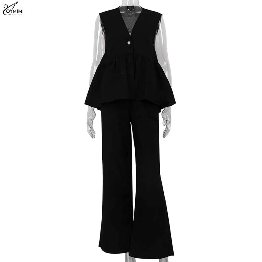 Women's 2-Piece Blue Cotton Linen Set: V-Neck Backless Halter Lace-Up Vest and Straight Pants