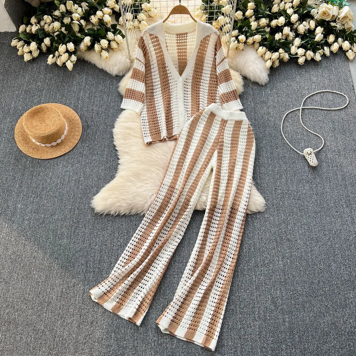 Wishyear Women's Two-Piece Striped Knit V-Neck Hollow Out Button Top & Wide Leg Pants Set