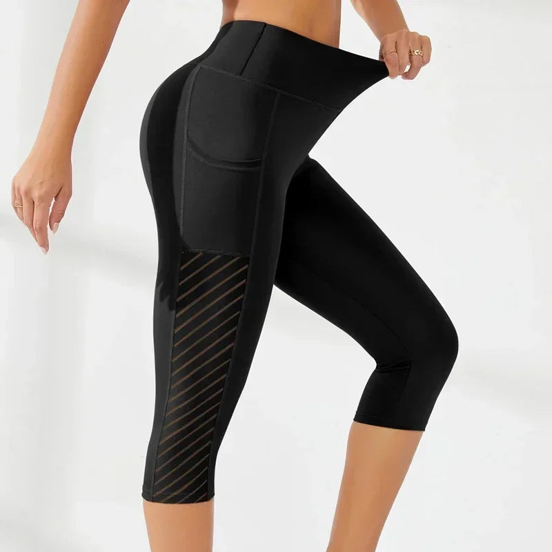 High-Waisted Hip-Lifting Slimming Yoga Crop Pants with Panel Pocket Design