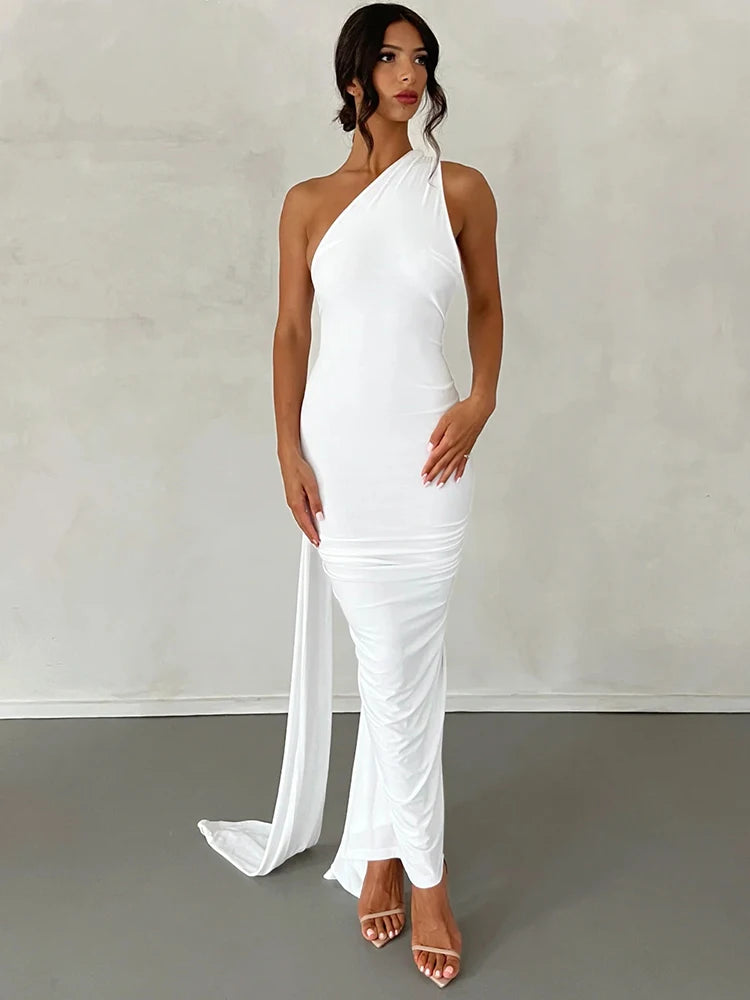 Hugcitar Adjustable Backless Ruched Dress with Single Shoulder and Scarf Loop for Women