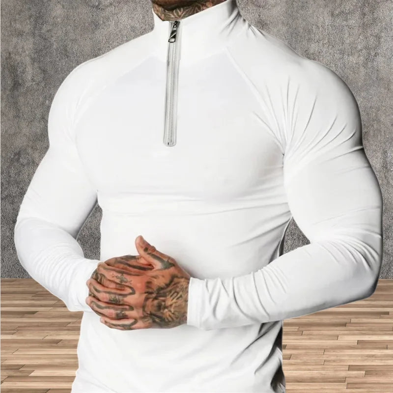 Men's Slim Fit Fitness Compression T-Shirt with Long Sleeves, Half-Zip, High Neck, and Elastic Design