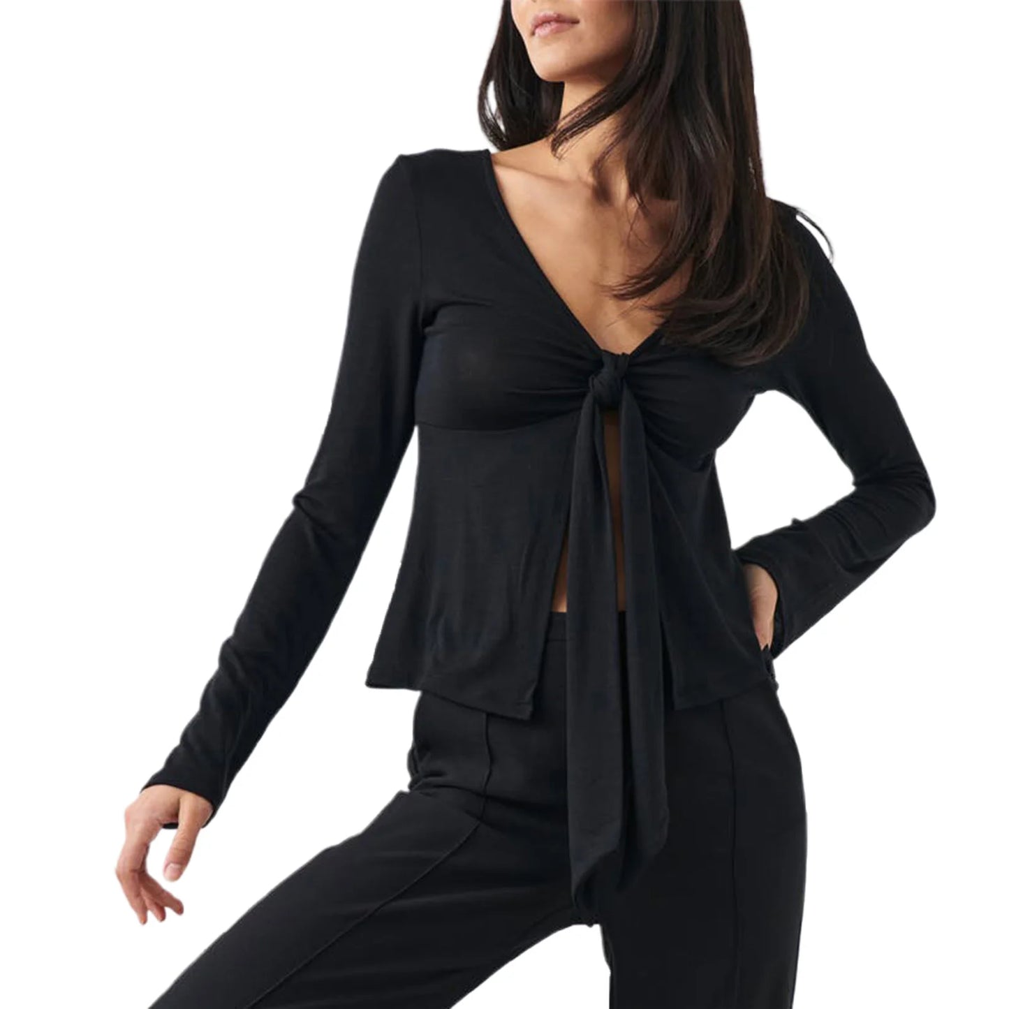 Women's Long Sleeve V-Neck Tie-Front Blouse