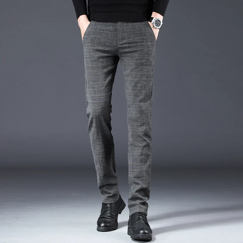 Men's Slim Fit Brushed Cotton-Linen Straight Plaid Trousers