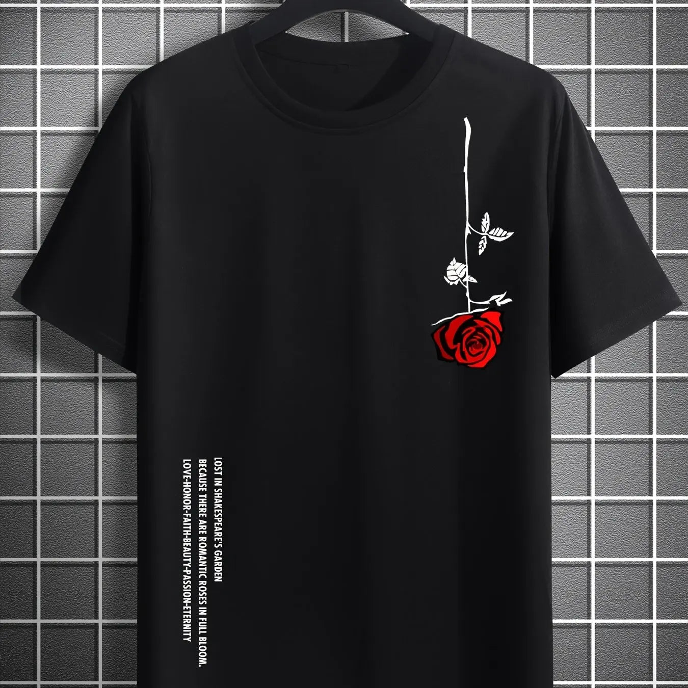 Men's Slim Fit Casual T-Shirt – 100% Cotton Rose Print Short Sleeve Round Neck Tee