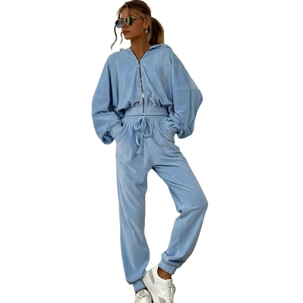 Women's Zipper Hoodie and Drawstring Tracksuit Set - Stylish 2-Piece Activewear Outfit