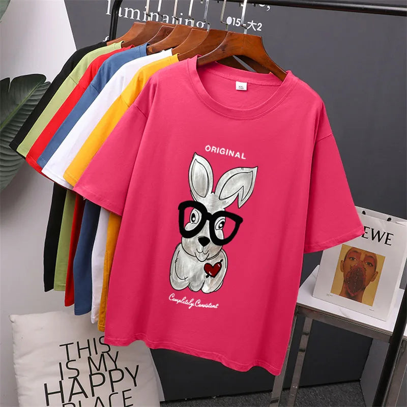 Elegant Rabbit Cartoon Printed Oversized Cotton T-Shirt for Women – Casual Style by Hirsionsan