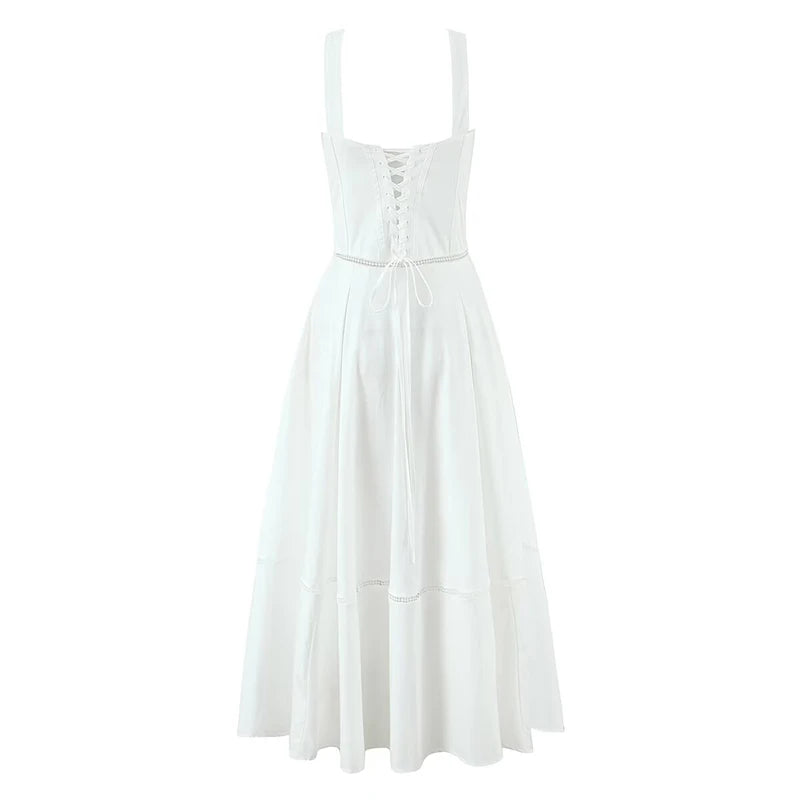 Elegant White Cotton Sling Dress for Women with Lace-Up Bandage Back