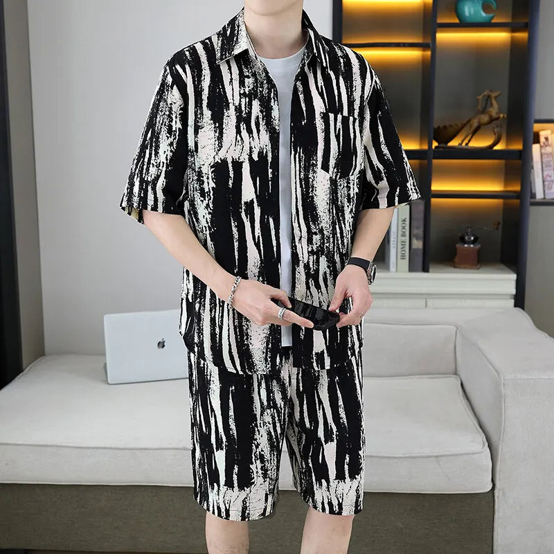 Men's Two-Piece Loose Fit Striped Shirt and Shorts Set