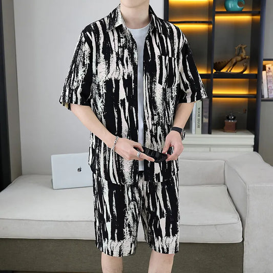 Men's Two-Piece Loose Fit Striped Shirt and Shorts Set