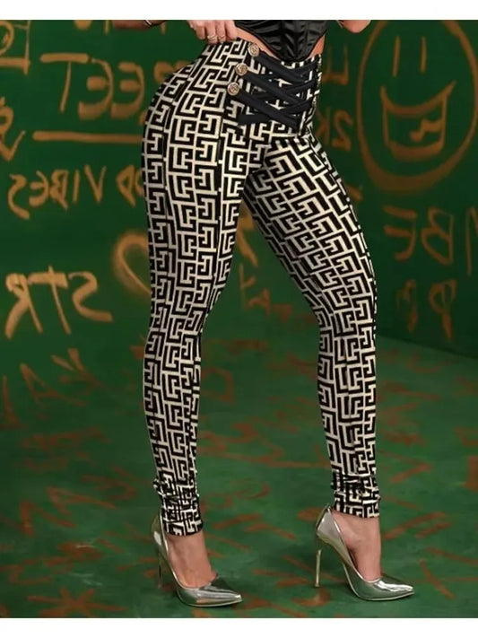 Women's High-Waist Geometric Criss-Cross Button-Detail Pencil Pants