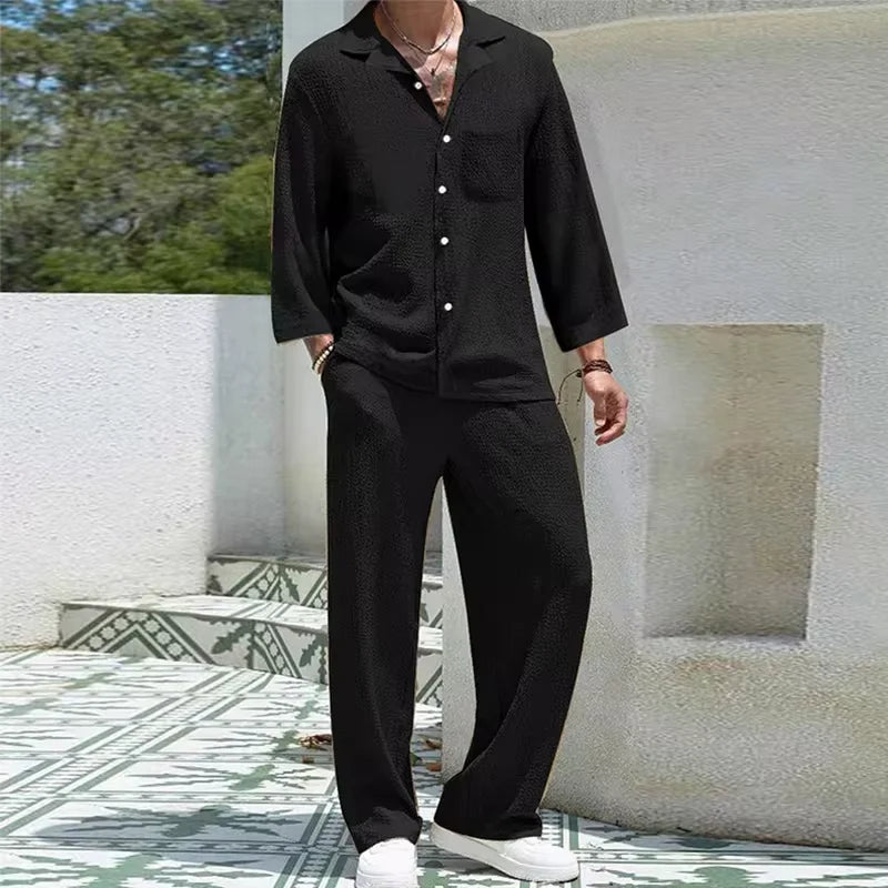 Men's Casual Cotton 2-Piece Set: Stylish Shirts and Pants Combo