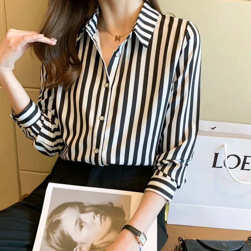 Women's Long Sleeve Black and White Striped Shirt