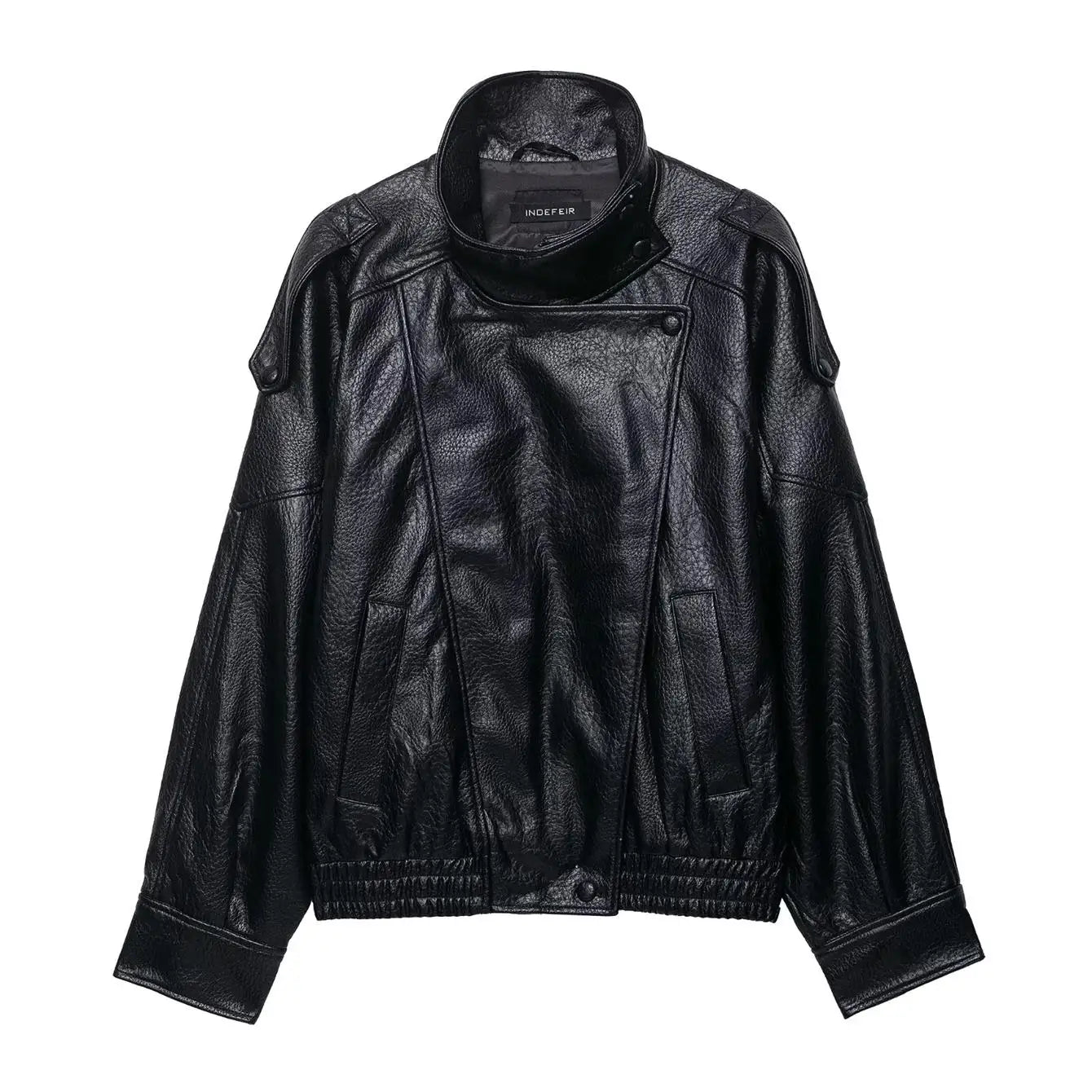 Women's Faux Leather Loose Jacket with Stand Collar and Zipper