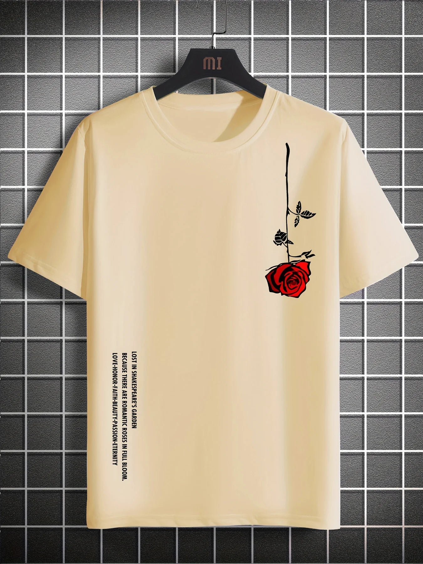 Men's Slim Fit Casual T-Shirt – 100% Cotton Rose Print Short Sleeve Round Neck Tee