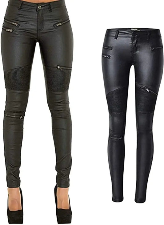 Women's PU Leather-Coated Slim Stretch Pants with Zipper Pockets