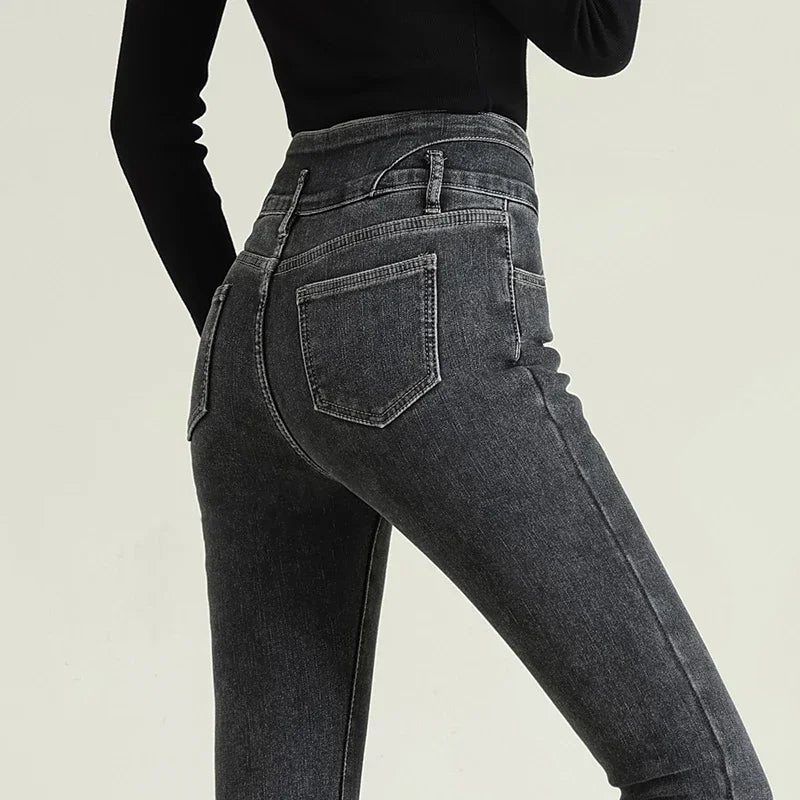 Women's High-Waisted Stretch Denim Pants with Multi-Button Closure