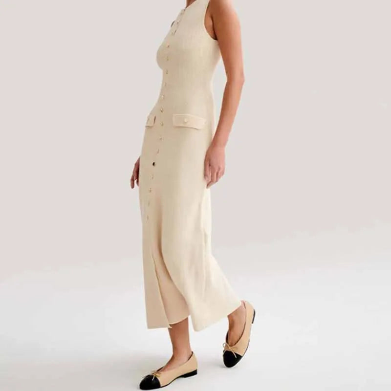 Stylish Women's Long Sleeveless Knitted Dress with Buttons