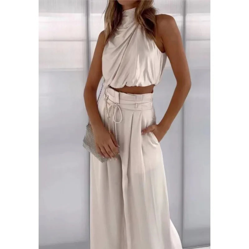 Womens Two-Piece Silk Pleated Outfit-Leg Pants and Open Navel Design