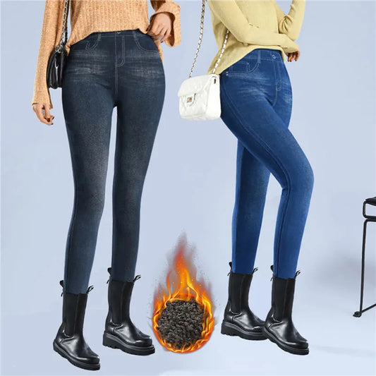 Faux Denim Fleece High-Waisted Pencil Pants for Women