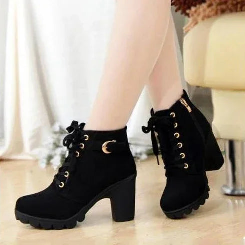 Strappy Short High Heeled Lace Up Boots for Women