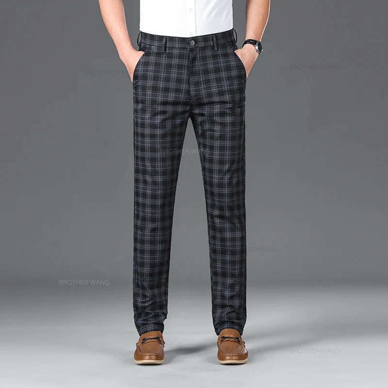 Slim Fit Cotton Plaid Stretch Trousers for Men