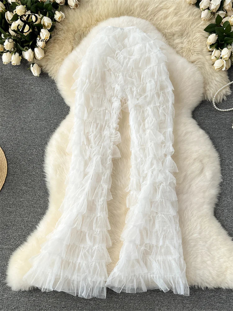 Women's Sheer Flare Trousers with Tiered High Waist and Mesh Detail