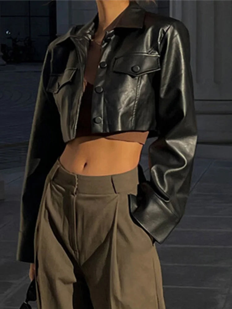 Women's Black Casual Crop Faux Leather Jacket with Long Sleeves and Button Closure