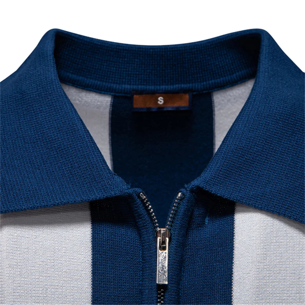Men's Breathable Striped Polo Shirt - Casual Knit T-Shirt with Zipper Closure