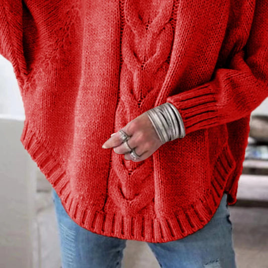 Women's Loose Fit Cable Knit Sweater - High Neck Pullover for Women
