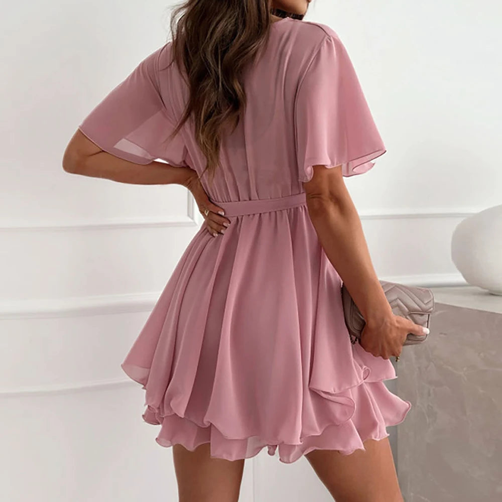 Slim Fit Short Sleeve Chiffon Dress for Women