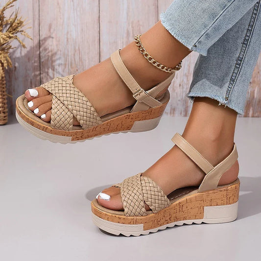 Stylish Woven Ankle Strap Wedge Sandals for Women – Braided Platform Heels with Thick Sole