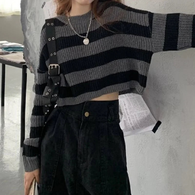 Womens Striped Cropped Knit Jumper - Long Sleeve Pullover