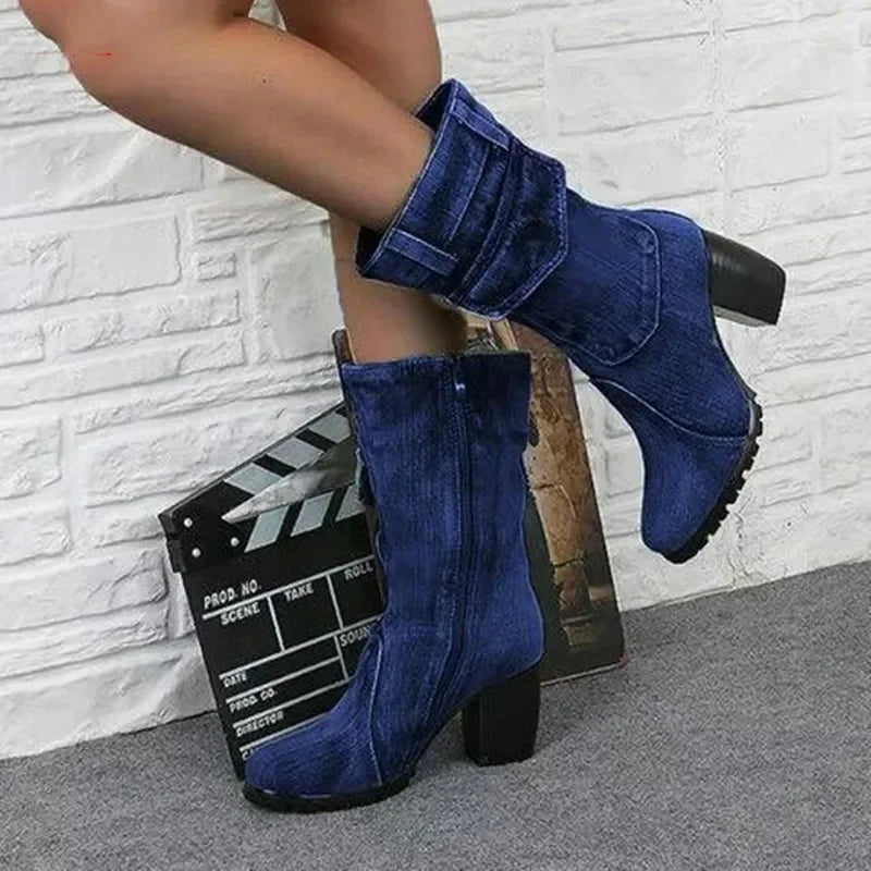 Women's Pointed Denim-Style High Heel Boots