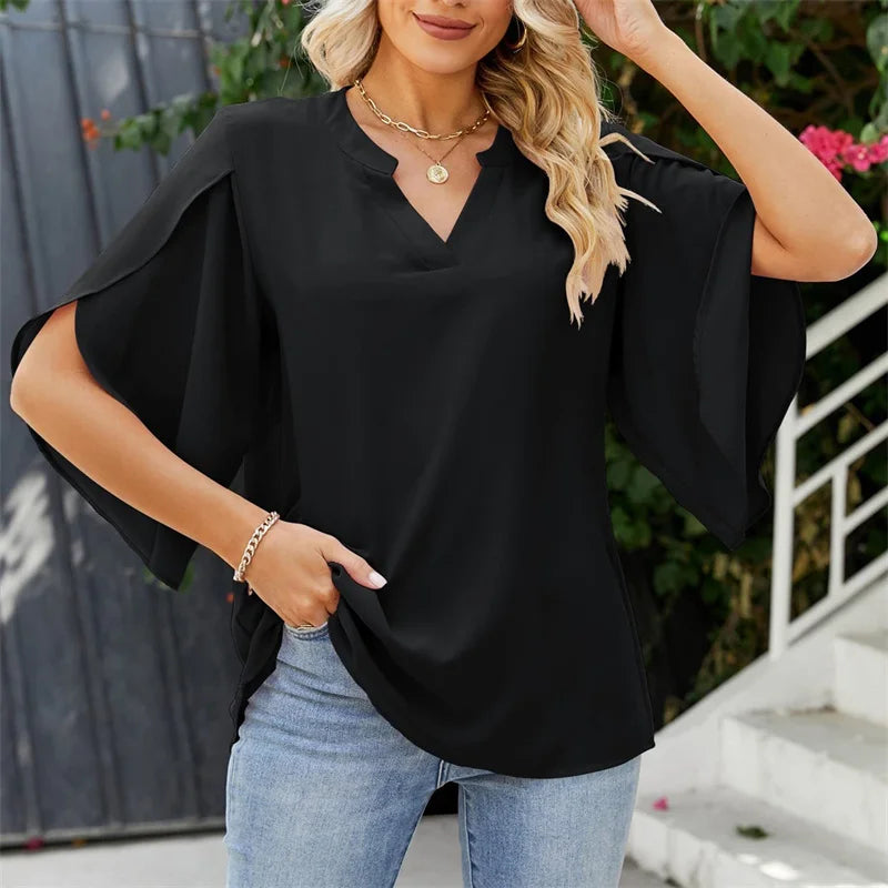 Women's Chiffon Blouse with Flare Sleeves - V-Neck Loose Fit