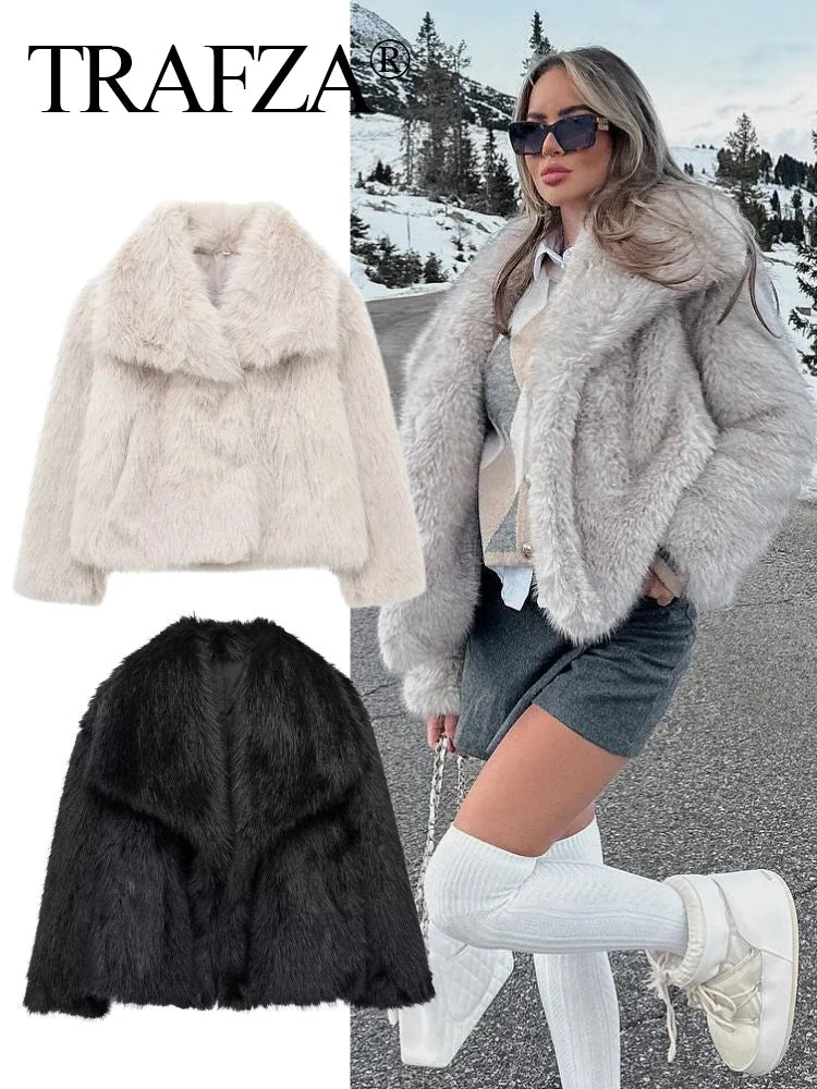 TRAFZA Women's Vintage Style Cropped Faux Fur Jacket - Elegant Loose Long Sleeve Coat - Thick and Warm Outerwear