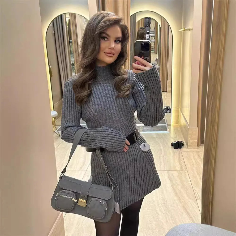 Women's Ribbed Knit Long Sleeve Slim Fit Sweater Dress