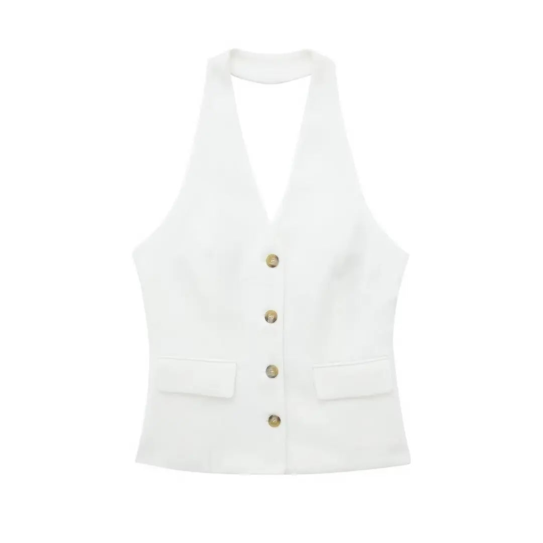 Women's Halter Neck Sleeveless Vest Top & Wide-Leg Pants 2-Piece Set