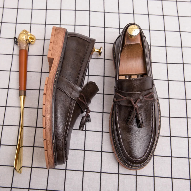 Men's Thick-Sole Leather Slip-On Loafers – Stylish & Comfortable Dress Shoes for Men