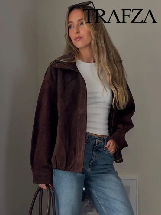 TRAFZA Women's High Collar Zipper Pocket Jacket – Loose Fit Casual Outerwear for Women