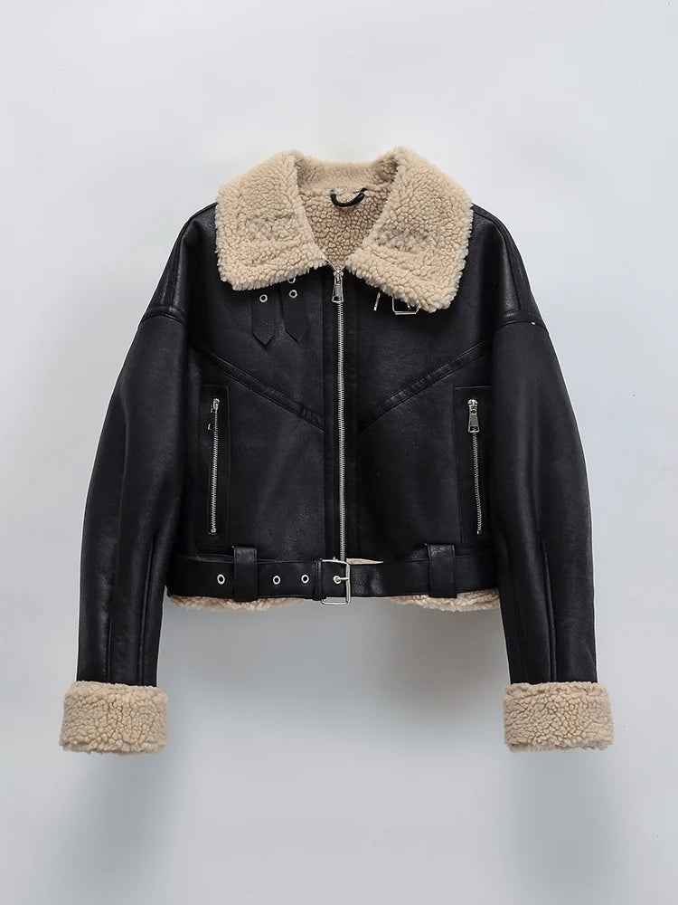 Women's Faux Leather Fur Short Jacket with Belt