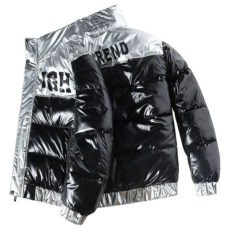 Men's Glossy Thickened Parka Jacket with Stand Collar