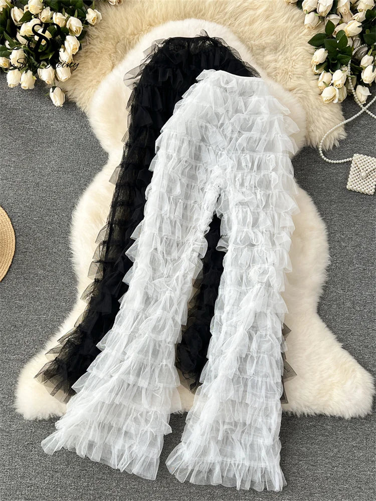 Women's Sheer Flare Trousers with Tiered High Waist and Mesh Detail