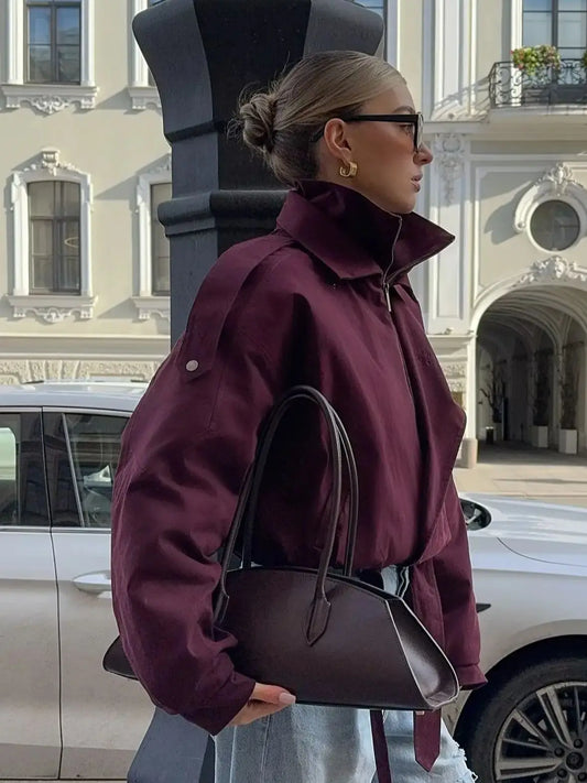 Women's Zipper Bomber Jacket – Loose Fit, Stand Collar