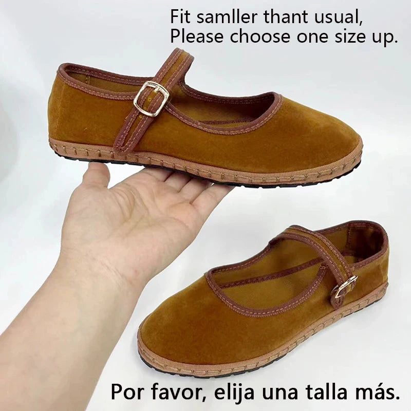 Velvet Mary Jane Flats for Women - Hand-Stitched Casual Shoes